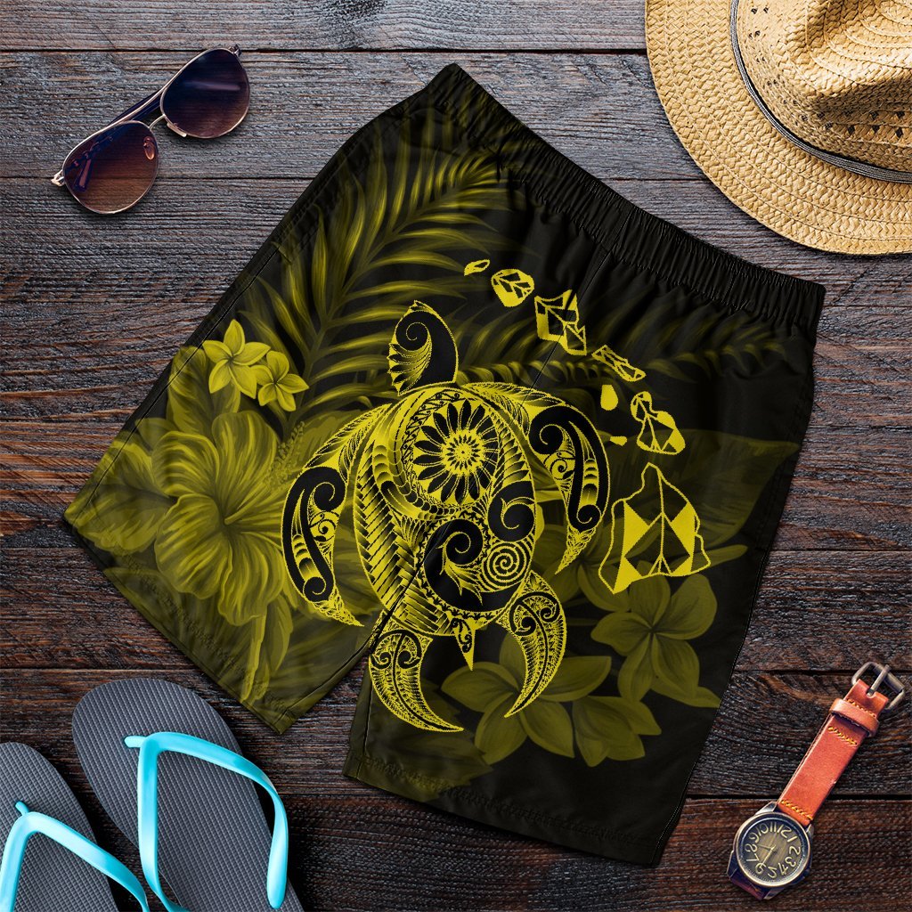 Hawaiian Map Turtle Tattoo Hibiscus Plumeria Polynesian Men's Shorts - Yellow - AH Art - Polynesian Pride