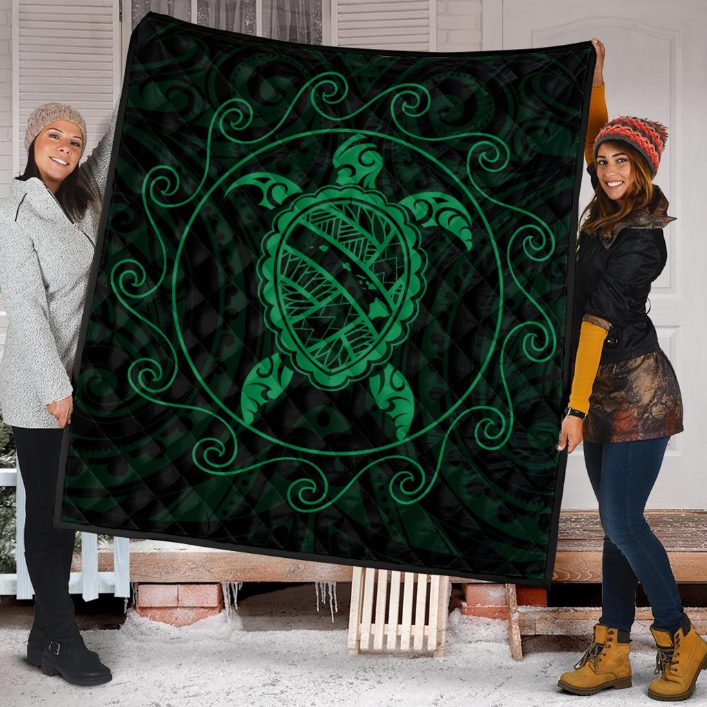 Hawaiian Map Turtle Wave Polynesian Premium Quilts Green - AH - Polynesian Pride