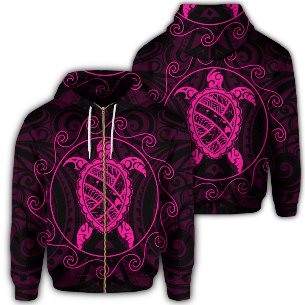 Hawaiian Map Turtle Wave Polynesian Zip Hoodie Pink Unisex Art - Polynesian Pride