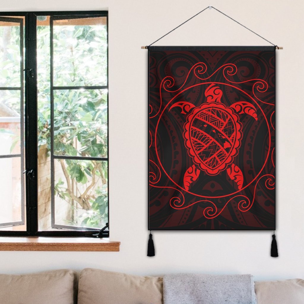 Hawaiian Map Turtle Wave Polynesian Hanging Poster Red - AH - Polynesian Pride