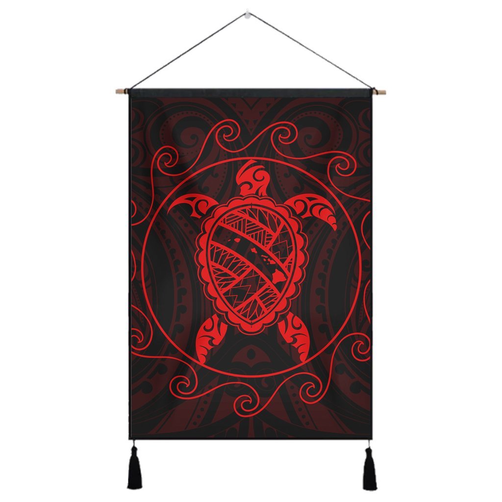 Hawaiian Map Turtle Wave Polynesian Hanging Poster Red - AH Hanging Poster Cotton And Linen - Polynesian Pride