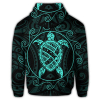 Hawaiian Map Turtle Wave Polynesian Zip Hoodie Turquoise - Polynesian Pride