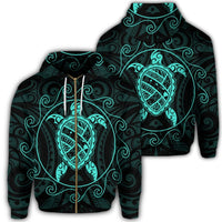 Hawaiian Map Turtle Wave Polynesian Zip Hoodie Turquoise Unisex Art - Polynesian Pride