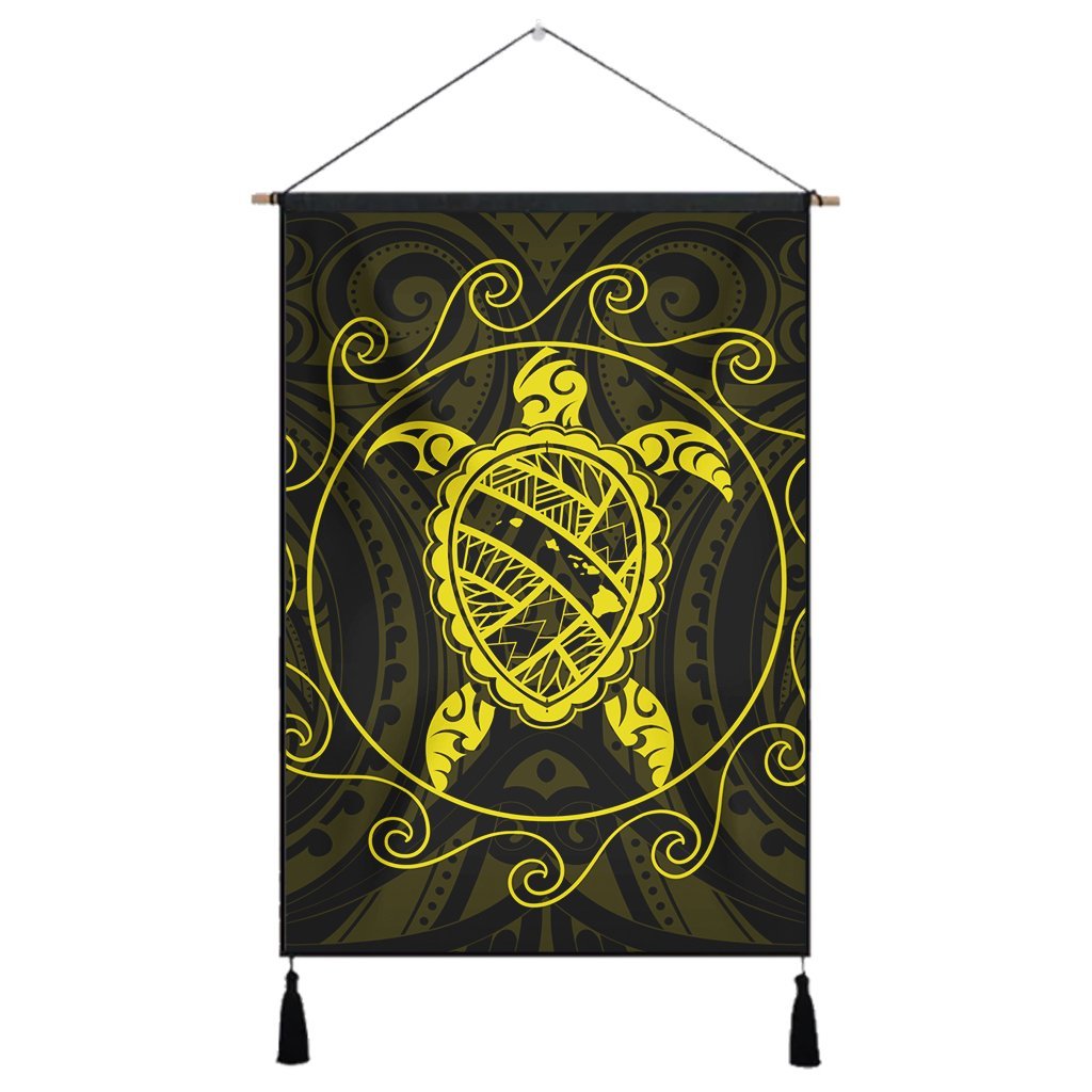 Hawaiian Map Turtle Wave Polynesian Hanging Poster Yellow - AH Hanging Poster Cotton And Linen - Polynesian Pride