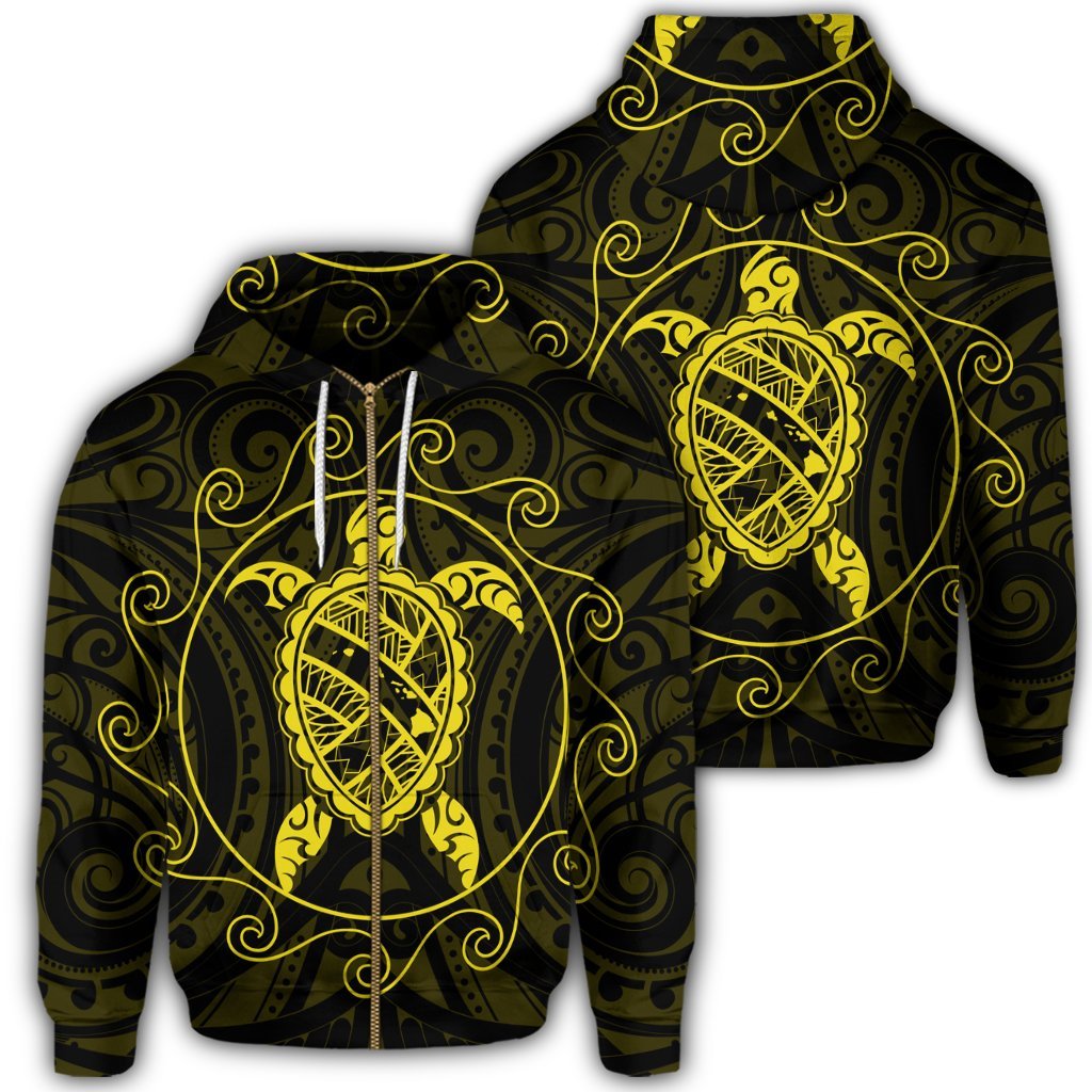 Hawaiian Map Turtle Wave Polynesian Zip Hoodie Yellow Unisex Art - Polynesian Pride