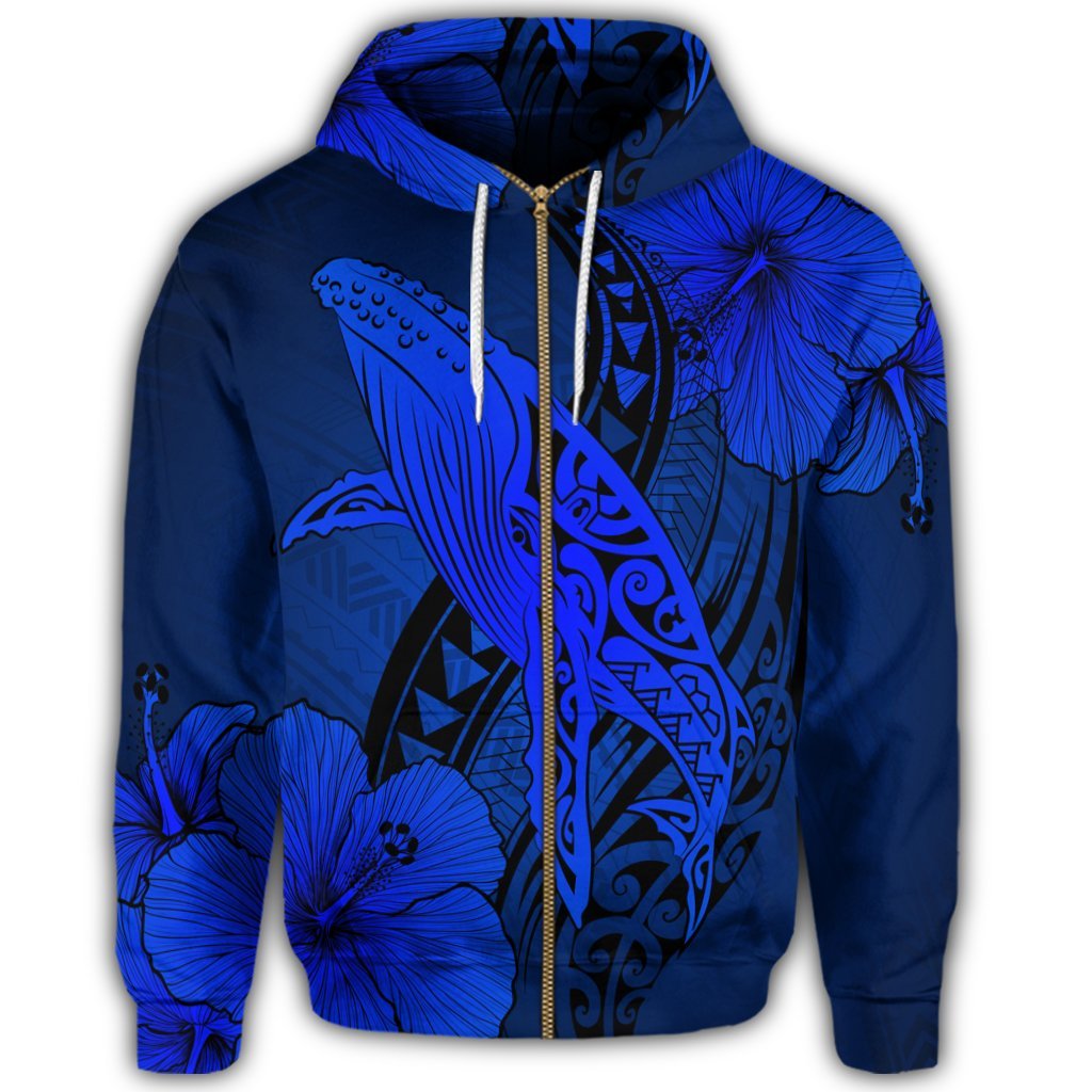 Hawaiian Map Whale Swim Hibiscus Polynesian Zip Hoodie Blue - Polynesian Pride