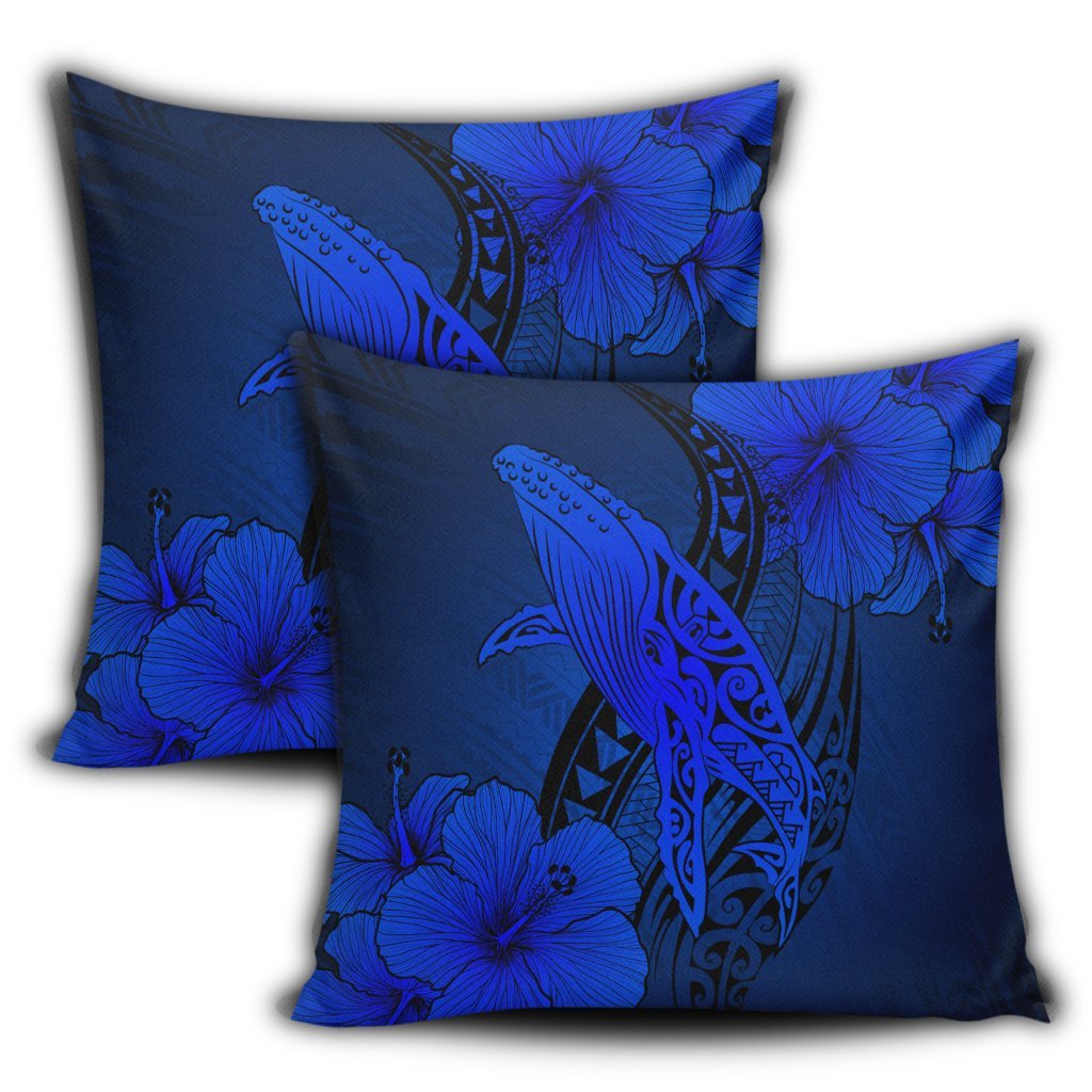 Hawaiian Map Whale Swim Hibiscus Polynesian Pillow Covers - Blue - AH - Polynesian Pride