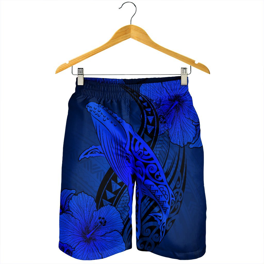 Hawaiian Map Whale Swim Hibiscus Polynesian Men's Shorts - Blue - AH - Polynesian Pride