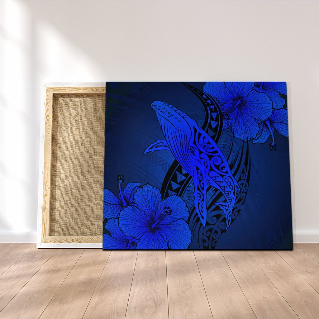 Hawaiian Map Whale Swim Hibiscus Polynesian Canvas - Blue - AH Canvas Poly-cotton - Polynesian Pride