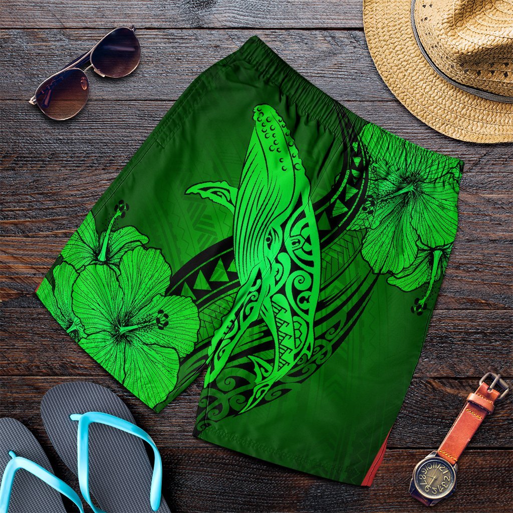 Hawaiian Map Whale Swim Hibiscus Polynesian Men's Shorts - Green - AH Art - Polynesian Pride