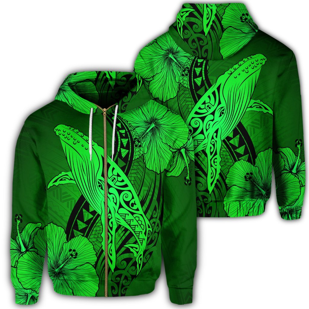 Hawaiian Map Whale Swim Hibiscus Polynesian Zip Hoodie Green Unisex Art - Polynesian Pride