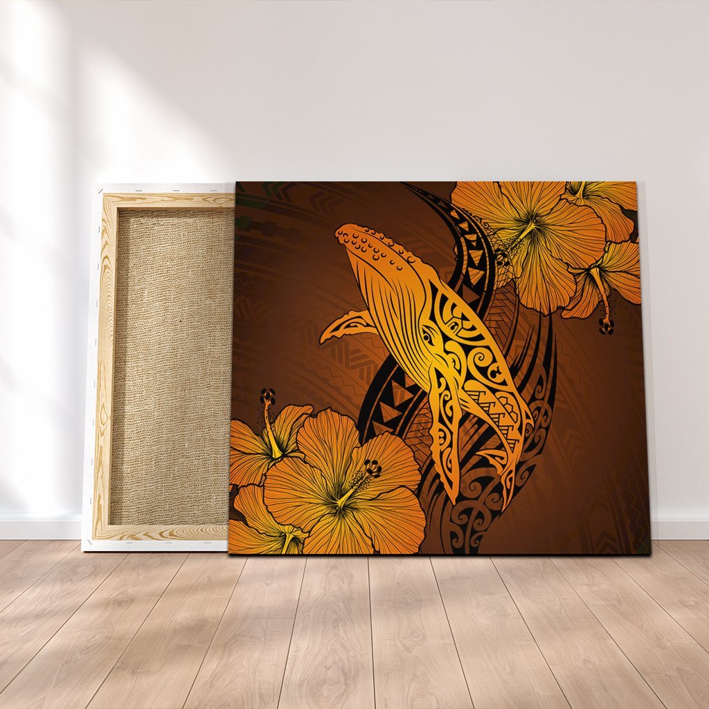 Hawaiian Map Whale Swim Hibiscus Polynesian Canvas - Orange - AH Canvas Poly-cotton - Polynesian Pride