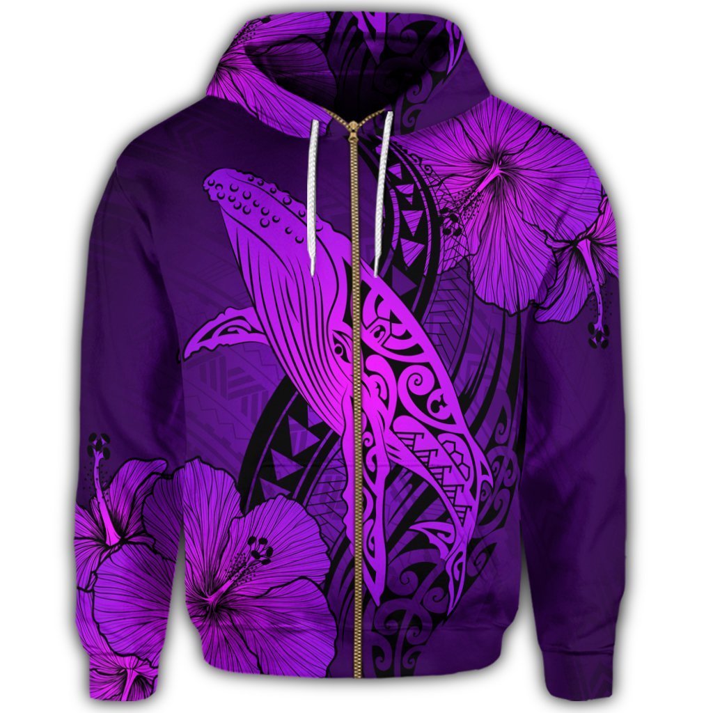 Hawaiian Map Whale Swim Hibiscus Polynesian Zip Hoodie Purple - Polynesian Pride