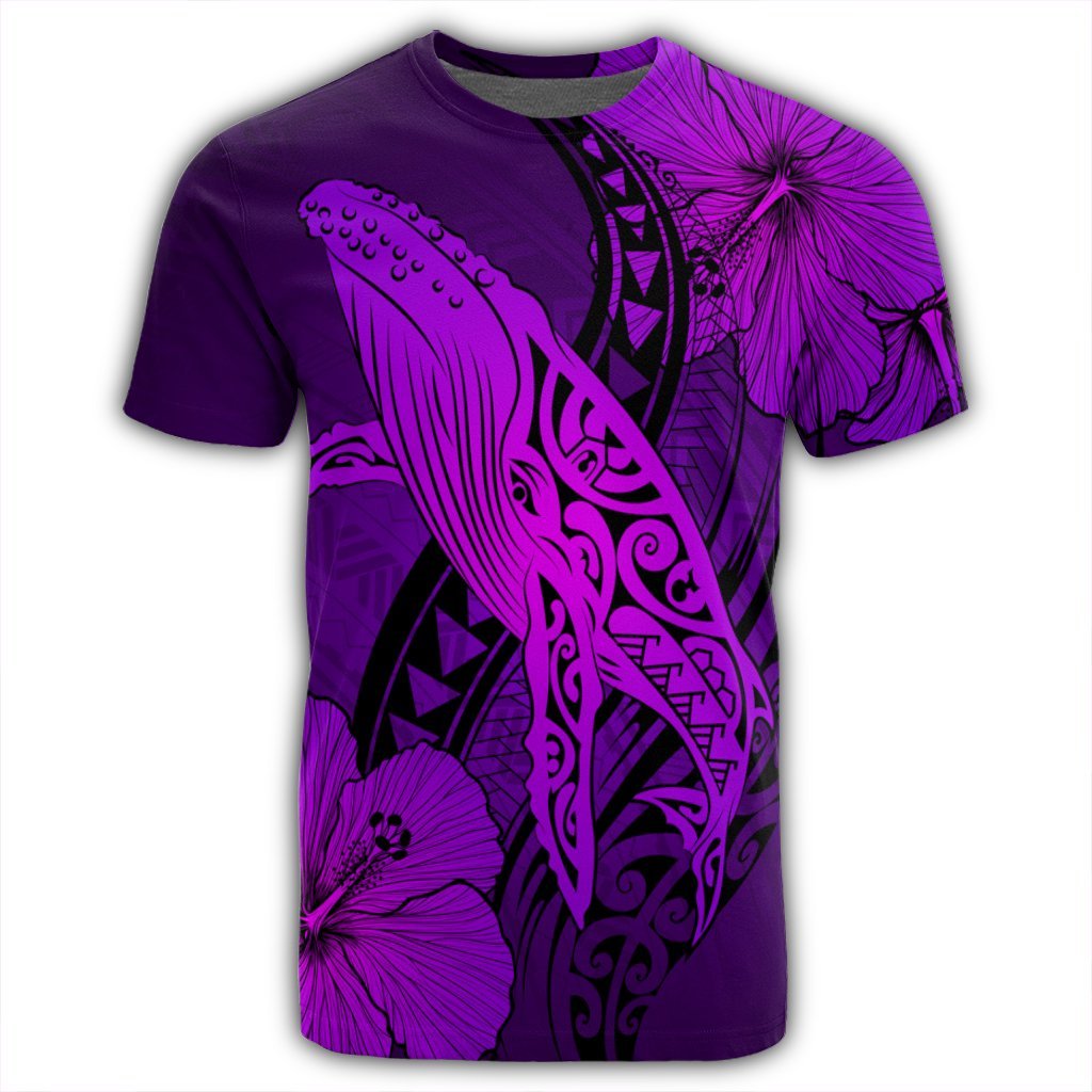 Hawaiian Map Whale Swim Hibiscus Polynesian T Shirt Purple AH - Polynesian Pride