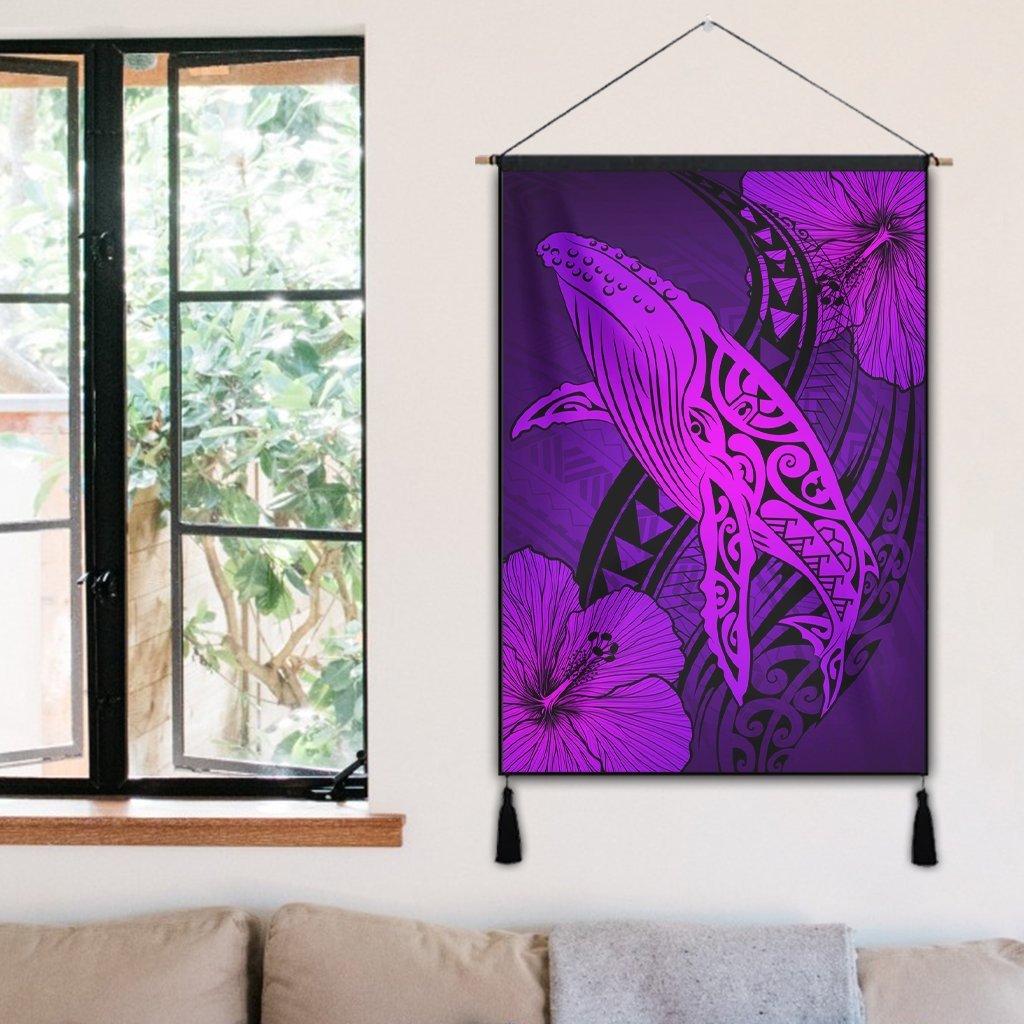 Hawaiian Map Whale Swim Hibiscus Polynesian Hanging Poster - Purple - AH - Polynesian Pride