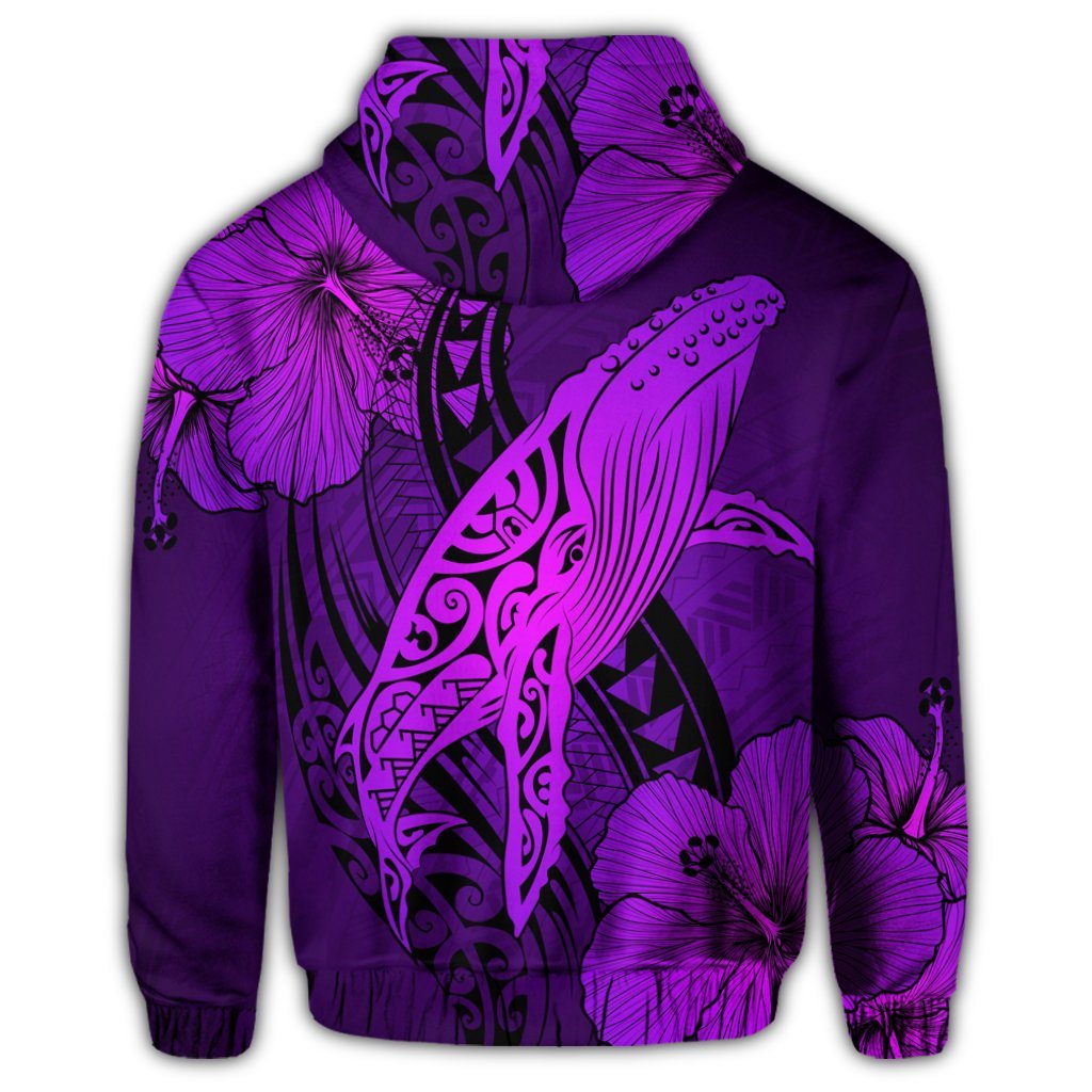 Hawaiian Map Whale Swim Hibiscus Polynesian Zip Hoodie Purple - Polynesian Pride
