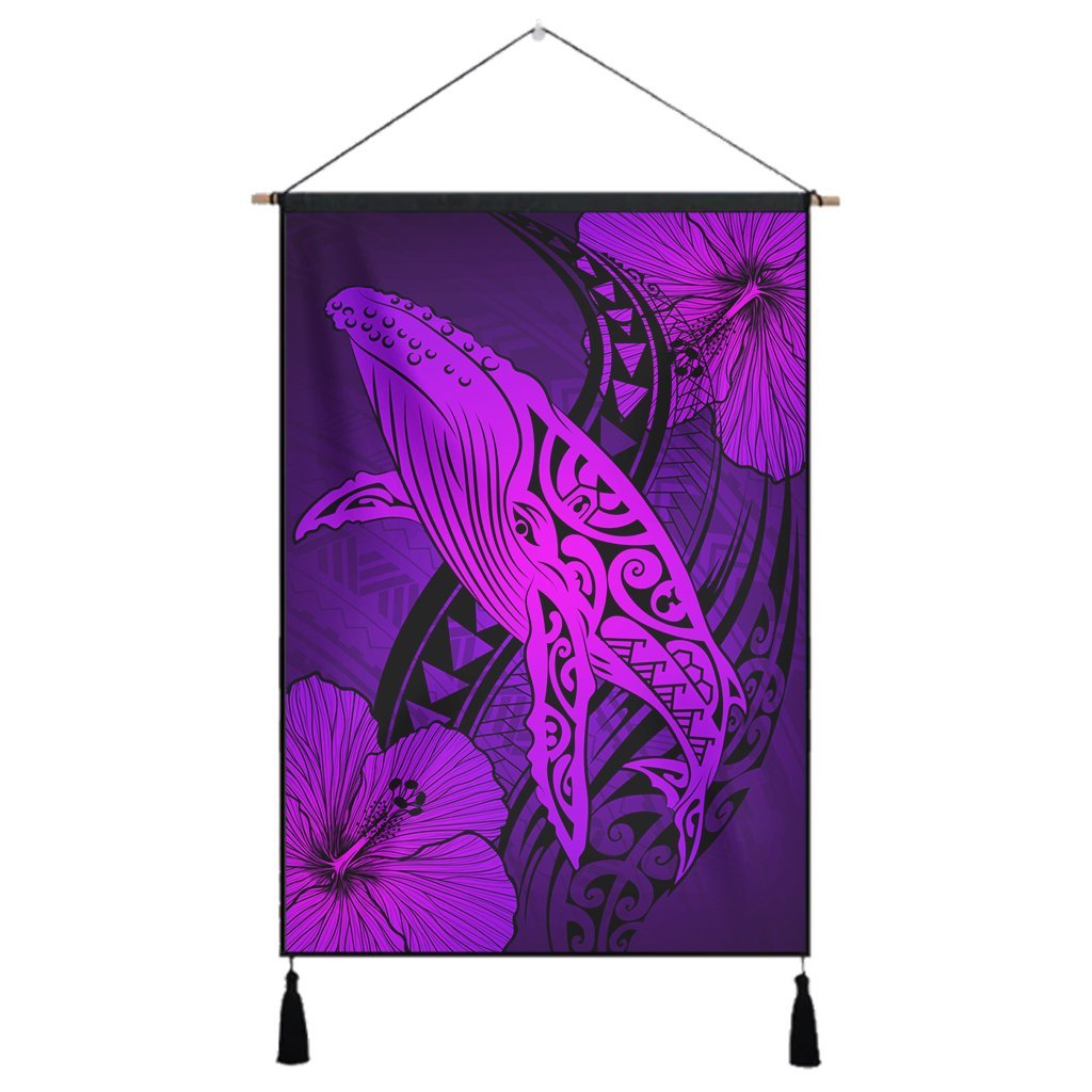 Hawaiian Map Whale Swim Hibiscus Polynesian Hanging Poster - Purple - AH Hanging Poster Cotton And Linen - Polynesian Pride