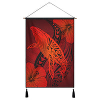 Hawaiian Map Whale Swim Hibiscus Polynesian Hanging Poster - Red - AH Hanging Poster Cotton And Linen - Polynesian Pride