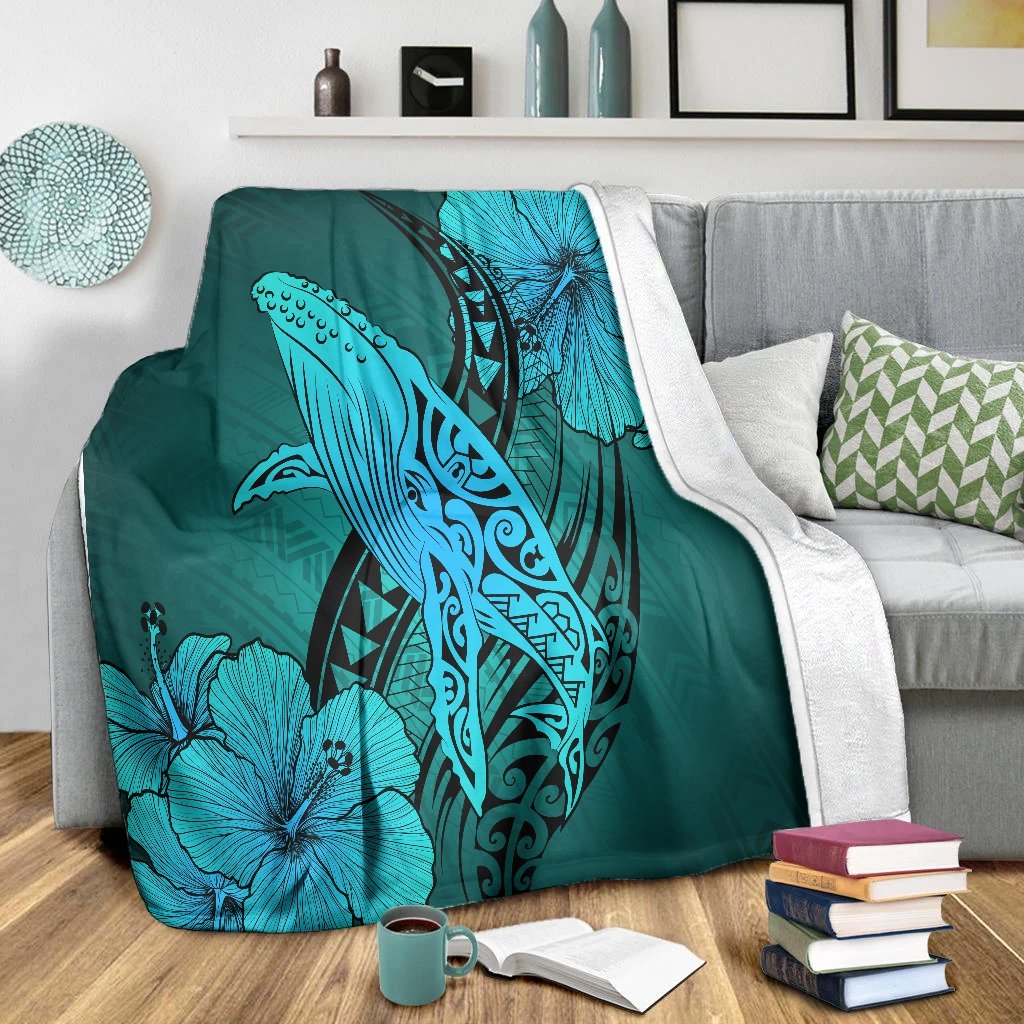 Hawaiian Map Whale Swim Hibiscus Polynesian Premium Blankets - Turquoise - AH - Polynesian Pride