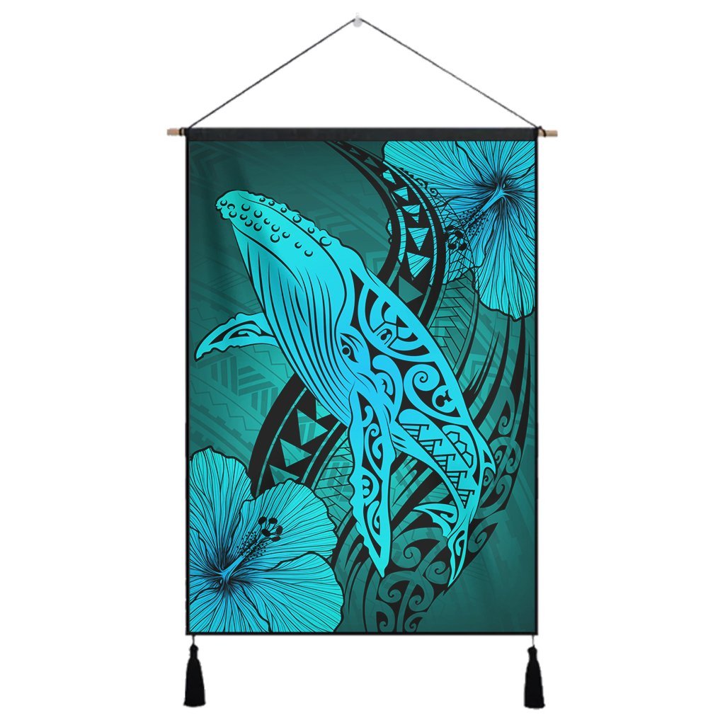 Hawaiian Map Whale Swim Hibiscus Polynesian Hanging Poster - Turquoise - AH Hanging Poster Cotton And Linen - Polynesian Pride