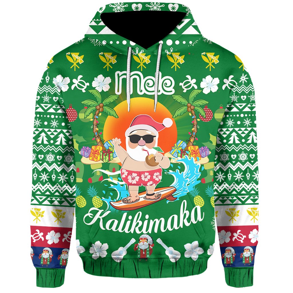 Hawaiian Mele Kalikimaka Santa Claus Pattern Christmas Hoodie Green Labo Style - Polynesian Pride