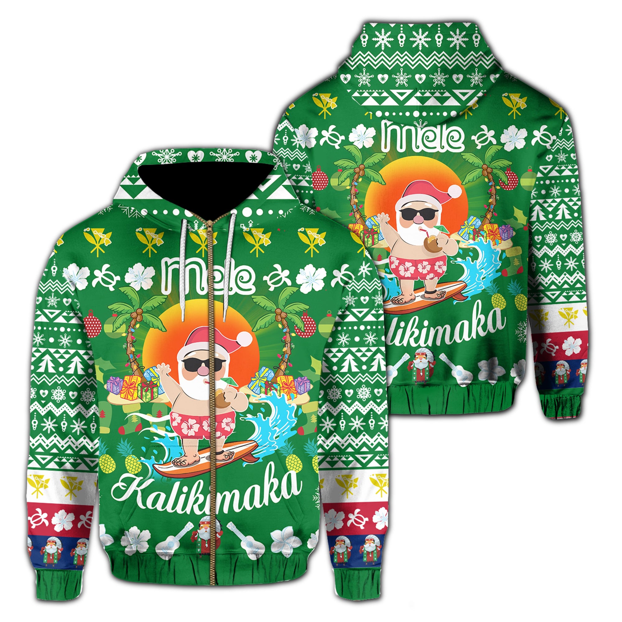 Hawaiian Mele Kalikimaka Santa Claus Pattern Christmas Hoodie Zip Green Labo Style Unisex Green - Polynesian Pride