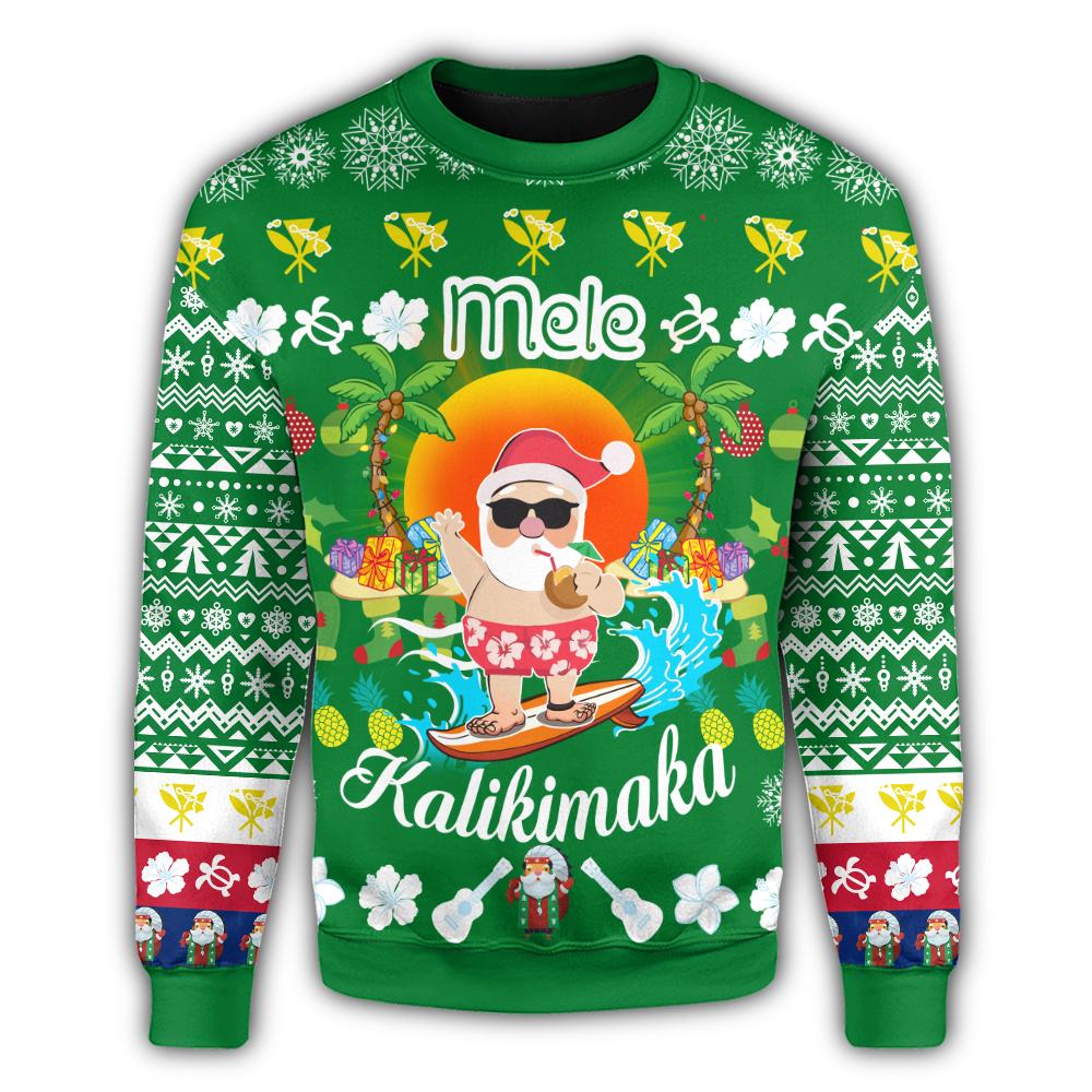 Hawaiian Mele Kalikimaka Santa Claus Pattern Christmas Sweatshirt - Green - Labo Style - AH - Polynesian Pride