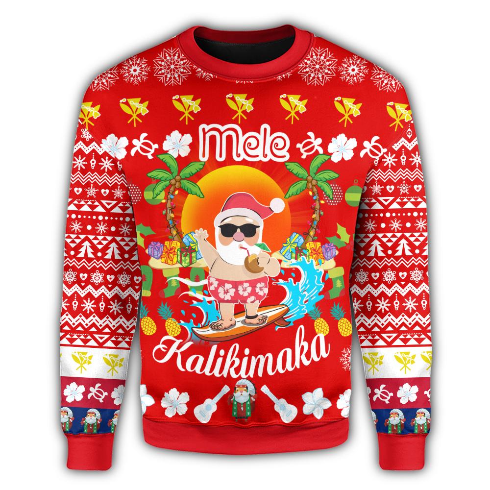 Hawaiian Mele Kalikimaka Santa Claus Pattern Christmas Sweatshirt - Red - Labo Style - AH - Polynesian Pride