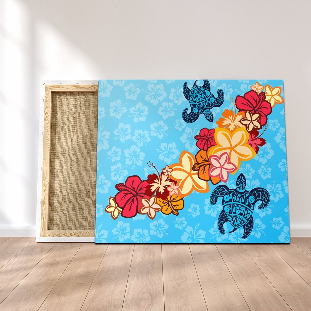 Hawaiian Ocean Turtle Plumeria And Hibiscus Polynesian Canvas - AH Canvas Poly-cotton - Polynesian Pride
