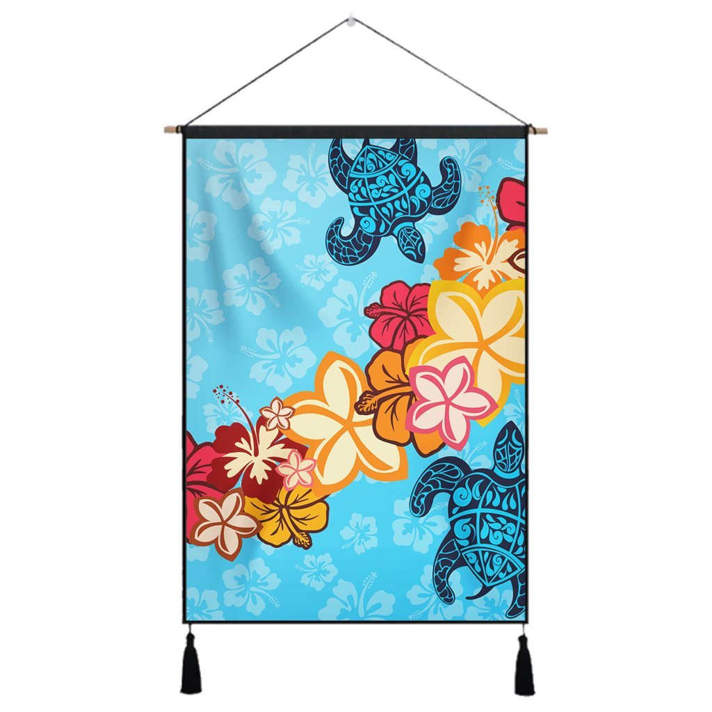 Hawaiian Ocean Turtle Plumeria And Hibiscus Polynesian Hanging Poster - AH Hanging Poster Cotton And Linen - Polynesian Pride