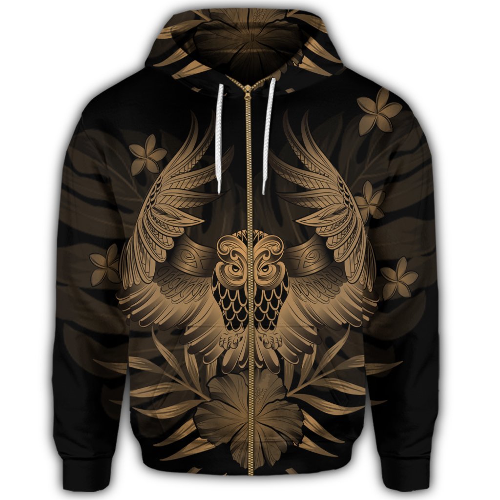 Hawaiian Owl Hibiscus Plumeria Polynesian Zip Hoodie Gold - Polynesian Pride