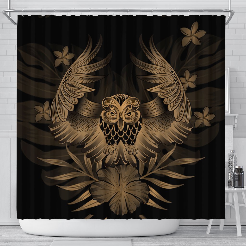 Hawaiian Owl Hibiscus Plumeria Polynesian Shower Curtain - Gold - AH 177 x 172 (cm) Black - Polynesian Pride