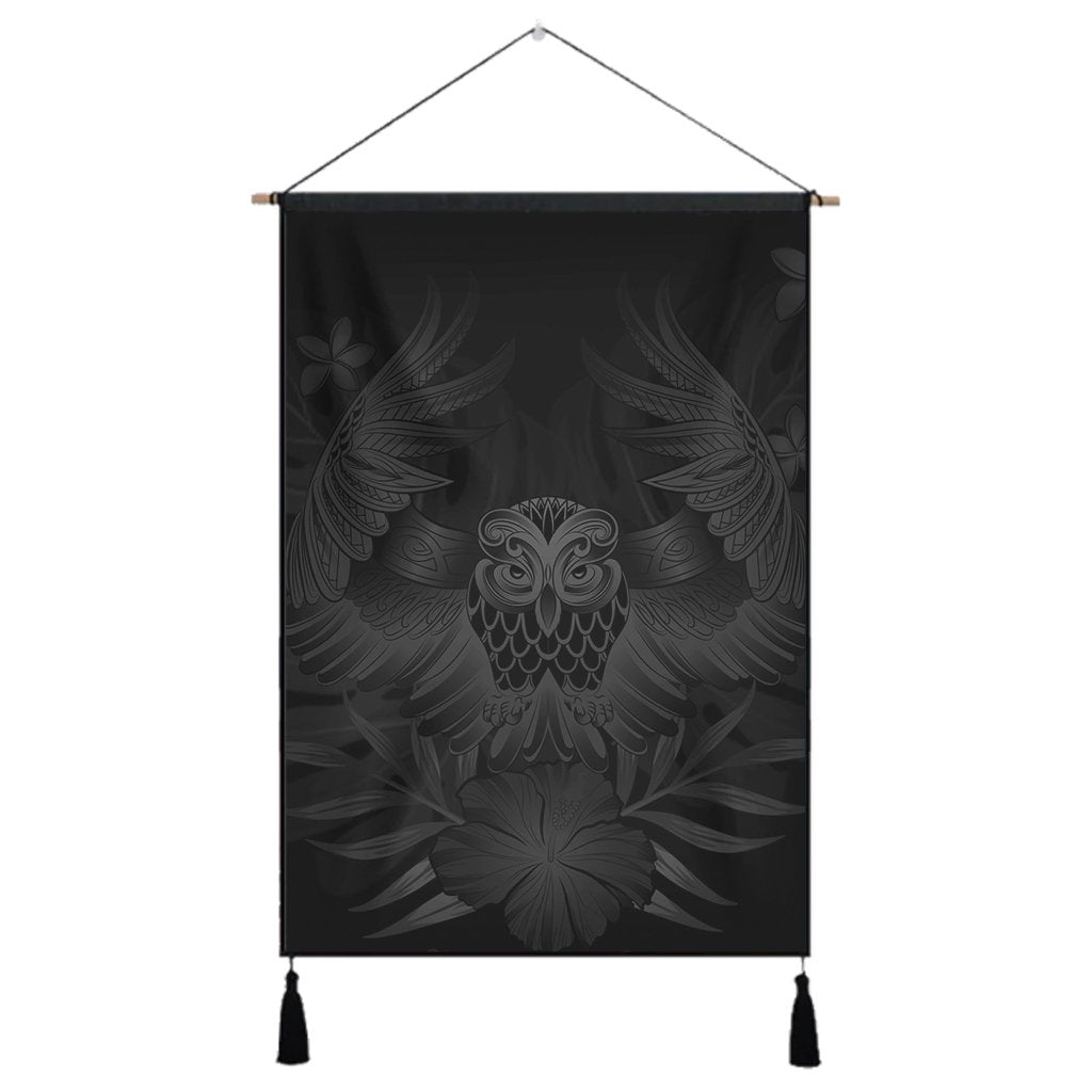 Hawaiian Owl Hibiscus Plumeria Polynesian Hanging Poster - Gray - AH Hanging Poster Cotton And Linen - Polynesian Pride