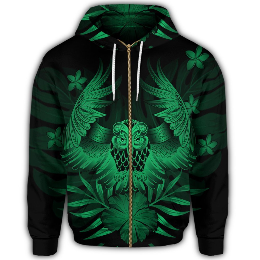Hawaiian Owl Hibiscus Plumeria Polynesian Zip Hoodie Green - Polynesian Pride