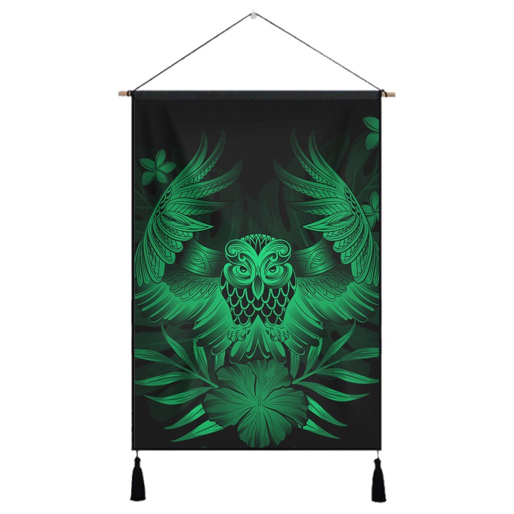 Hawaiian Owl Hibiscus Plumeria Polynesian Hanging Poster - Green - AH Hanging Poster Cotton And Linen - Polynesian Pride