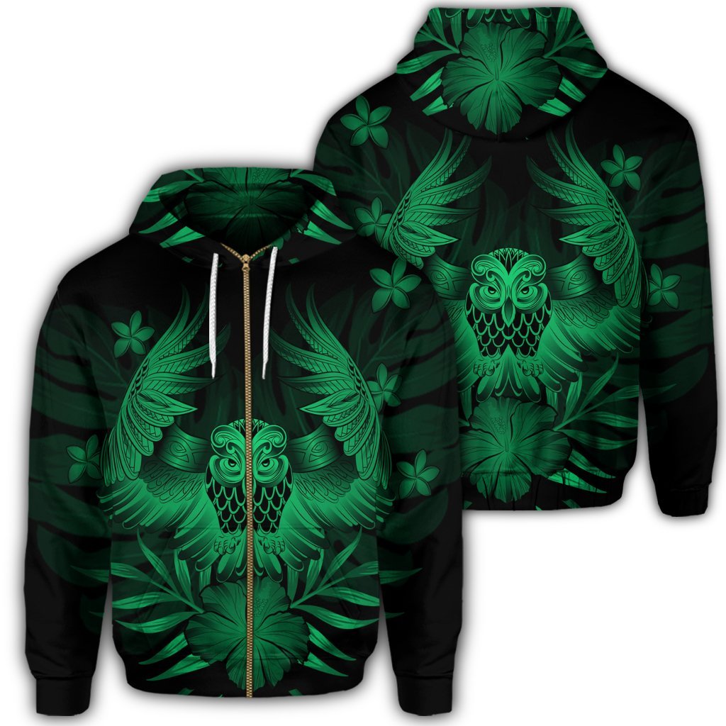 Hawaiian Owl Hibiscus Plumeria Polynesian Zip Hoodie Green Unisex Art - Polynesian Pride