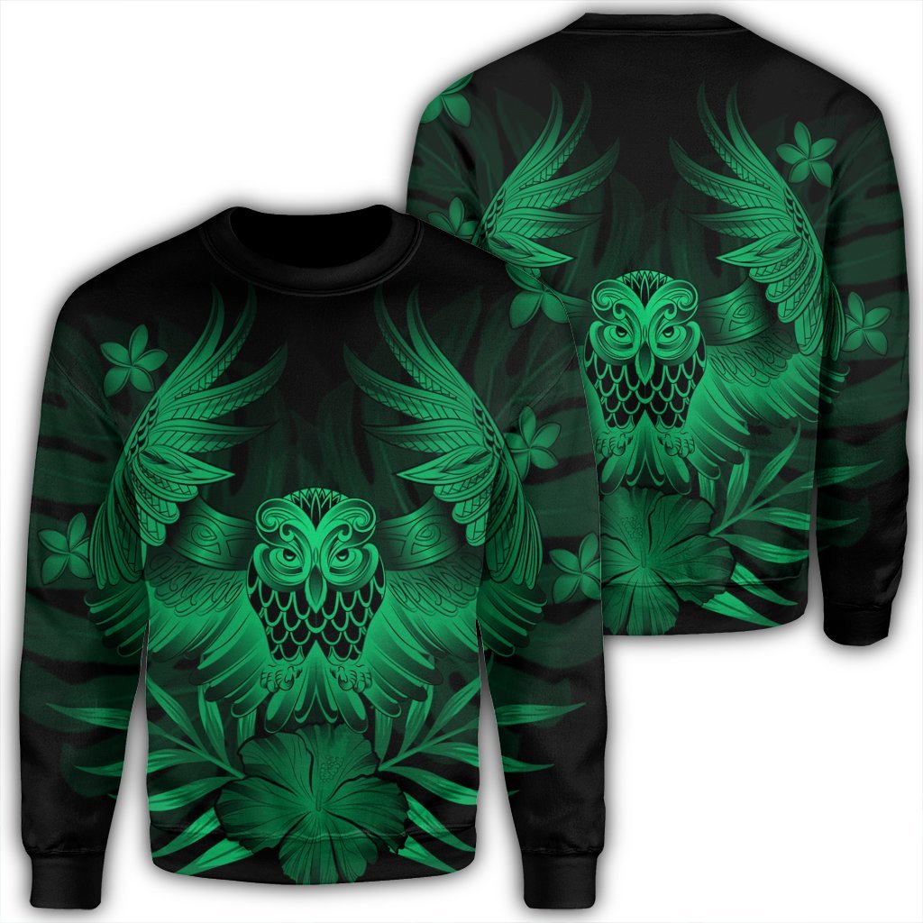Hawaiian Owl Hibiscus Plumeria Polynesian Sweatshirt - Green - AH Unisex Black - Polynesian Pride