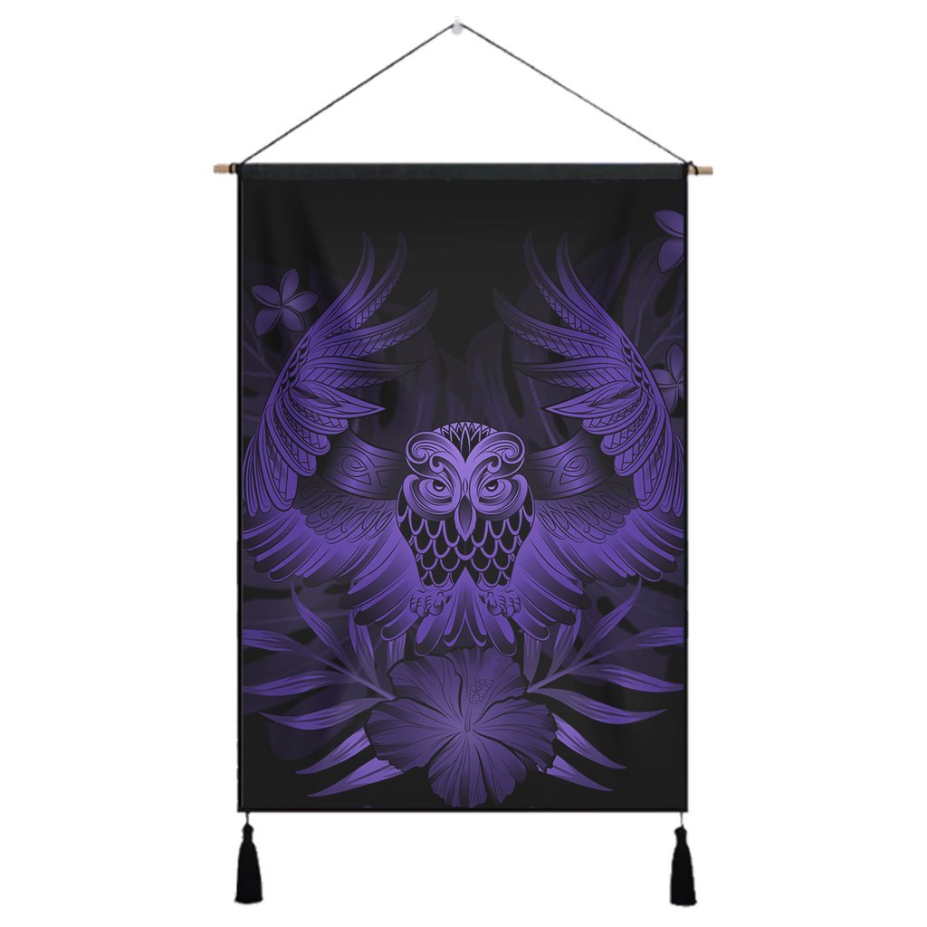 Hawaiian Owl Hibiscus Plumeria Polynesian Hanging Poster - Purple - AH Hanging Poster Cotton And Linen - Polynesian Pride