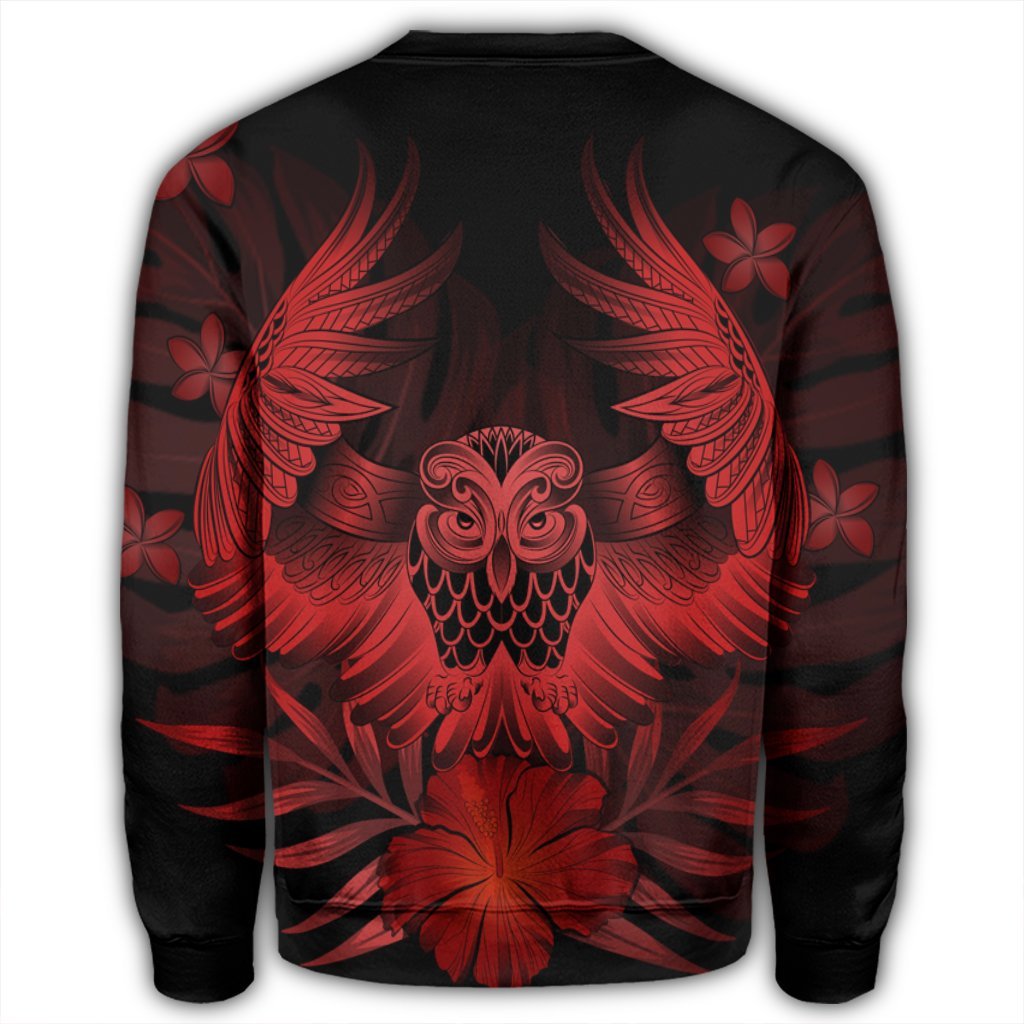 Hawaiian Owl Hibiscus Plumeria Polynesian Sweatshirt - Red - AH - Polynesian Pride