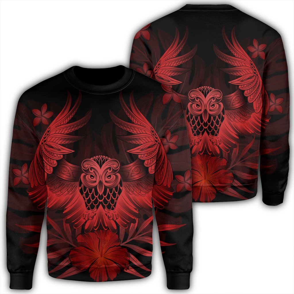 Hawaiian Owl Hibiscus Plumeria Polynesian Sweatshirt - Red - AH Unisex Black - Polynesian Pride
