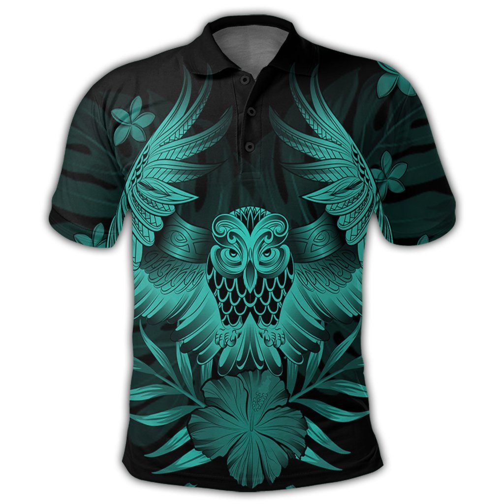 Hawaiian Owl Hibiscus Plumeria Polynesian Polo Shirt Turquoise - Polynesian Pride