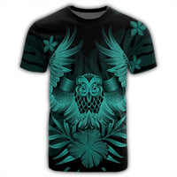 Hawaiian Owl Hibiscus Plumeria Polynesian T Shirt Turquoise AH - Polynesian Pride