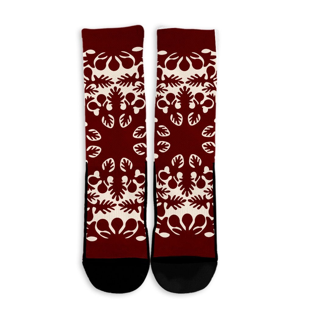 Hawaiian Palm Tree Quilt Tradition Red Crew Socks - AH - Polynesian Pride