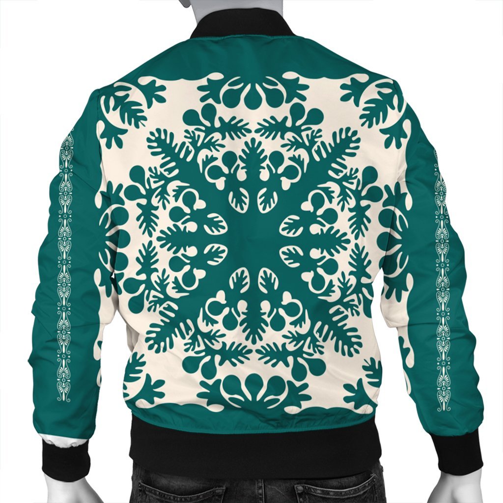 Hawaiian Palm Tree Quilt Tradition Turquoise Bomber Jacket - AH - Polynesian Pride
