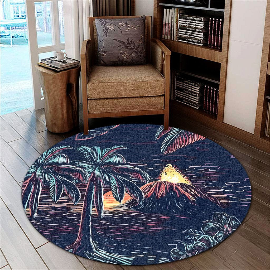 Hawaiian Palm Tree Volcano Night On The Land Round Carpet - AH - Polynesian Pride