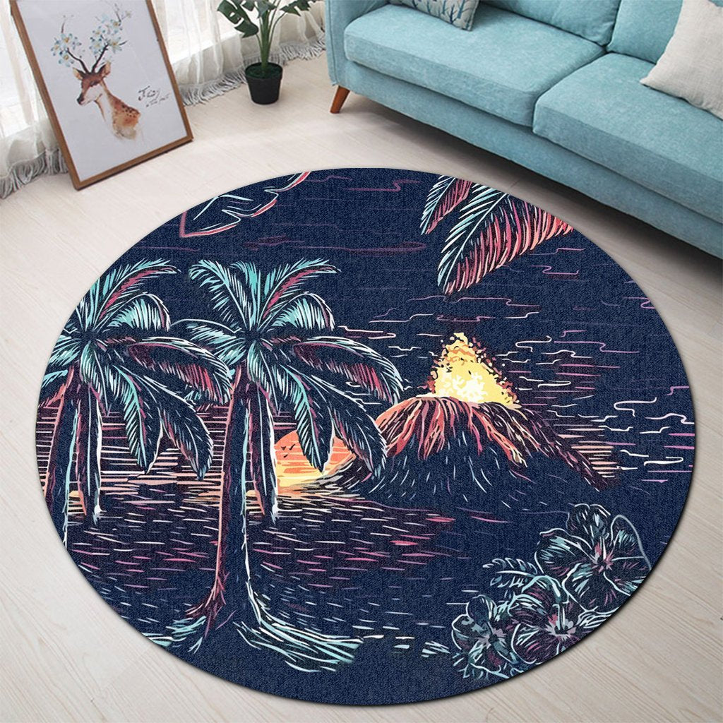 Hawaiian Palm Tree Volcano Night On The Land Round Carpet - AH - Polynesian Pride
