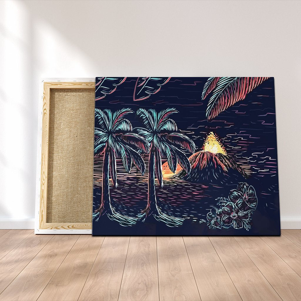 Hawaiian Palm Tree Volcano Night On The Land Canvas - AH Canvas Poly-cotton - Polynesian Pride