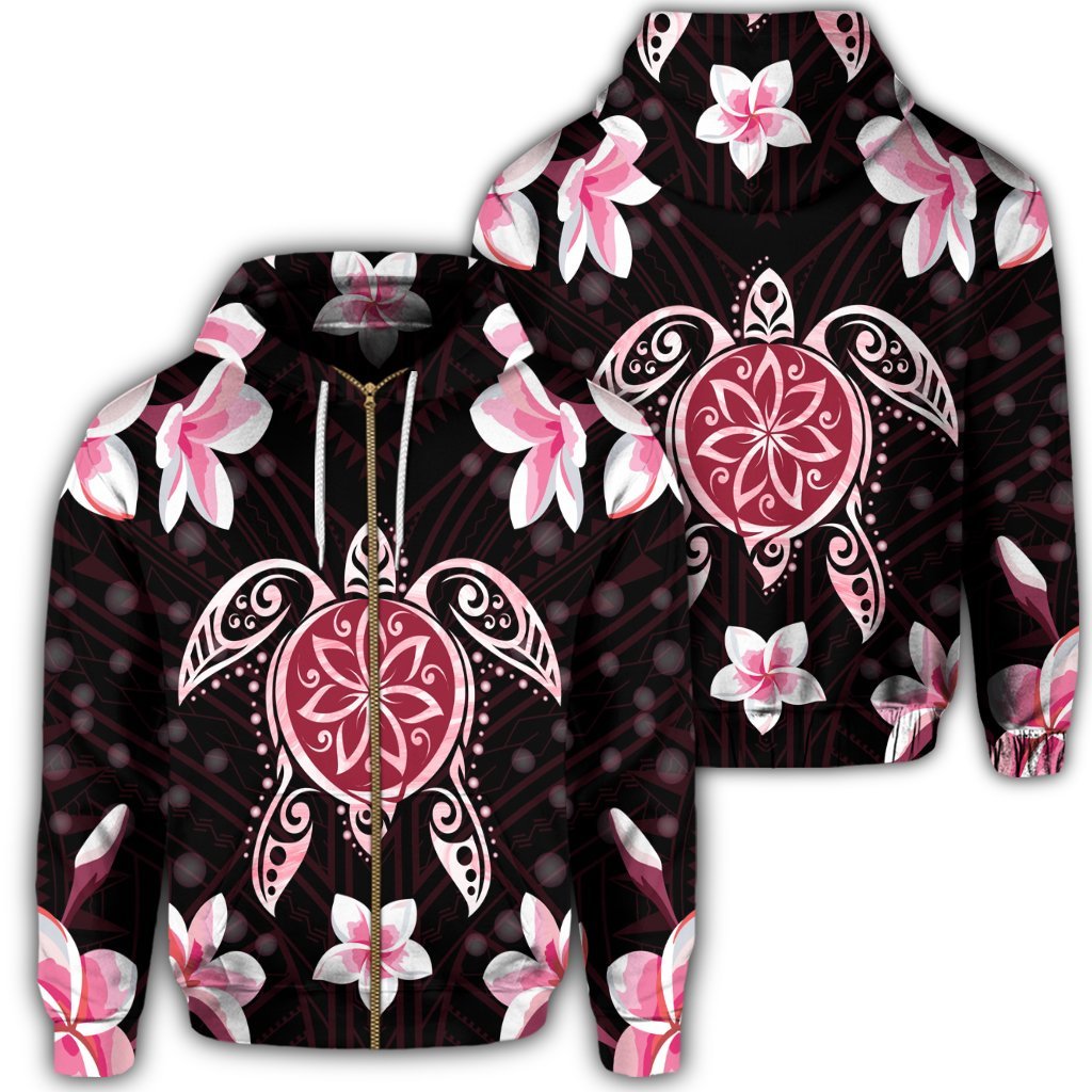 Hawaiian Pinky Turtle Plumeria Zip Hoodie Polyester - Polynesian Pride