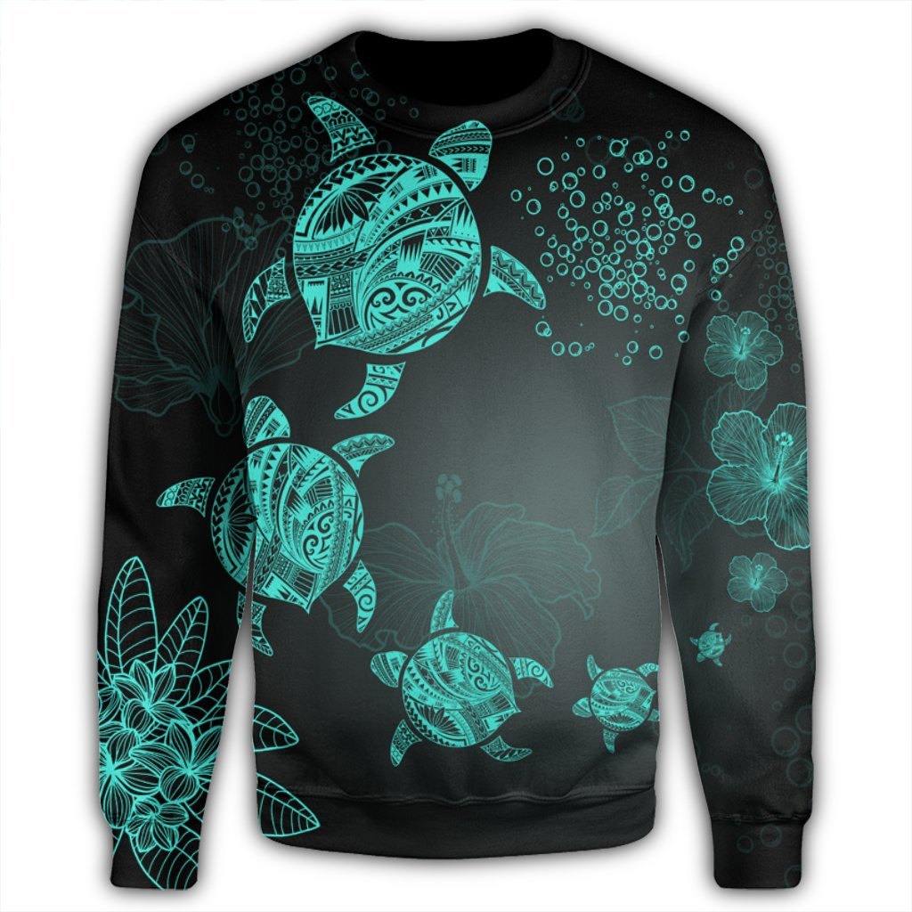 Hawaiian Plumeria Hibiscus Turtle Under Sea Polynesian Sweatshirt Blue AH - Polynesian Pride