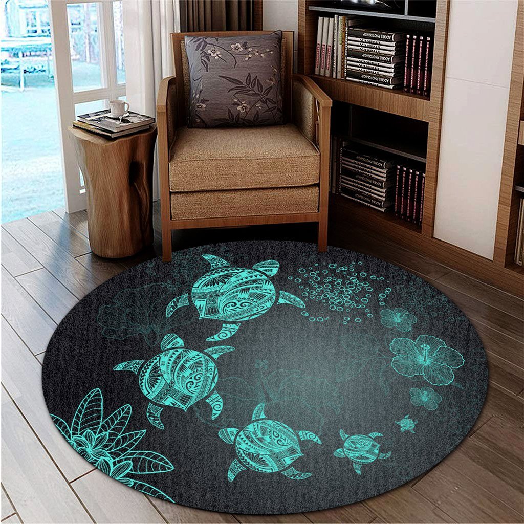 Hawaiian Plumeria Hibiscus Turtle Under Sea Polynesian Round Carpet Blue AH - Polynesian Pride